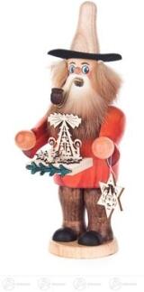 Räuchermann – detailreicher Erzgebirgshändler mit grünem Mantel und Miniaturspielzeug – BxHxT = 8 x