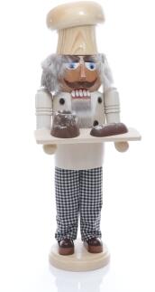 Weihnachtsfigur Handgefertigter Nussknacker Bäcker mit Bäckerhut, Kuchenbrett und Backwaren aus Holz