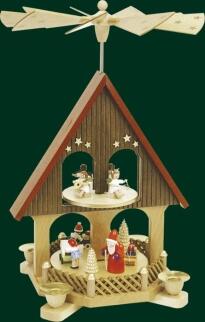 Tischpyramide – farbenfrohes Pyramidenhaus mit musizierenden Engeln und Weihnachtsmann, 2-stöckig –
