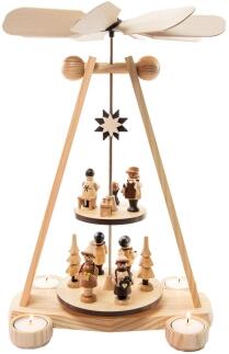 Teelichtpyramide – zweistöckige Spielwarenmacher-Szene mit Stritzelkindern, naturfarben –