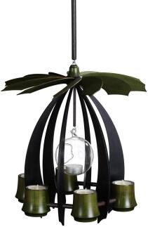 Hängepyramide – schwebend, modern mit moosgrüner Glaskugel und Teelichthaltern – Anthrazit BxHxT =