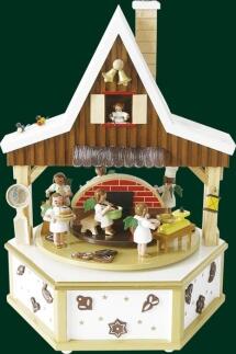 Spieluhr – detailreiche Engelbäckerei mit Lebkuchendekor, farbenfrohe Figuren, spielt