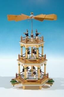 Weihnachtspyramide – naturfarben 3 Etagen mit Bergmannszene und historischem Aufzug – BxHxT ca. 24,5