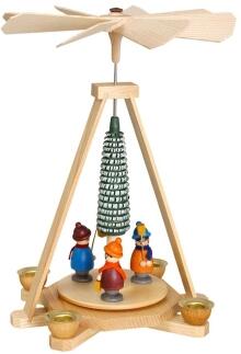 Pyramide – Farbenfrohe, handgefertigte Holzpyramide mit Laternenkindern und Spanbaum von