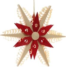 Christbaumschmuck - Spanstern mit rot gelochten Kieferstern (Beidseitig) - Ansicht 1- Hergestellt im Erzgebirge