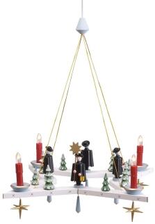 Lichterkranz sternförmig mit Kurrendefiguren und filigranen Bäumen, elektrisch beleuchtet, aus Holz