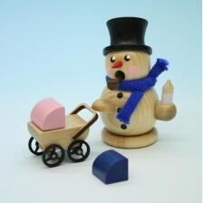 Räucherfigur Schneemann mit Kinderwagen natur Höhe 8cm