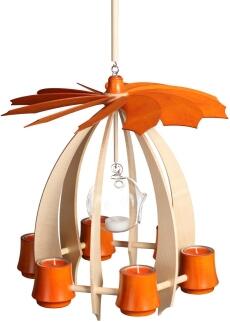Hängepyramide – filigran schwebend aus Ahorn mit orangenen Akzenten, für 6 Teelichter und Glaskugel