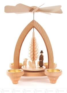 Pyramide Schäferei aus Holz mit beweglichen Figuren, Schafen und Baum, naturfarben für Teelichter