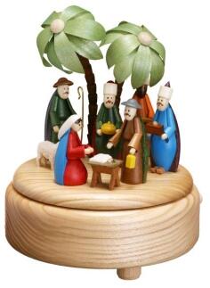 Spieluhr – detailreiche Christi Geburt mit bunten Figuren und Palmen, naturbelassener Holzunterbau –