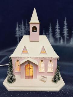 Lichterhaus – festliche Rosa Kirche mit Glasglimmer und warmem Licht – LxBxH ca. 40x18,5x38 cm
