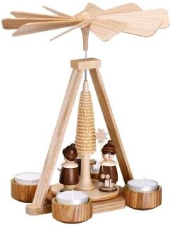 Pyramide handgefertigt mit Kurrendefiguren aus naturbelassenem Holz für Teelichter von