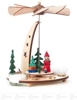 Pyramide Weihnachtsmann mit Geschenken aus Holz, naturfarben mit weißen Akzenten und Teelichtern von