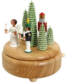 Spieluhr – detailreiche Engel, Bergmann und Nussknacker mit bunten Ringelbäumen, naturfarbene Basis