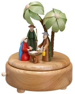 Spieluhr – detailreiche Christi Geburt mit Schäfer und Palmen, bunt – spielt „Stille Nacht“ – BxHxT
