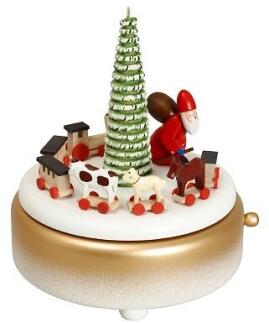 Spieluhr Weihnachtsmann mit Zug und Ringelbaum aus dem Erzgebirge, bunt bemalt von Drechslerei
