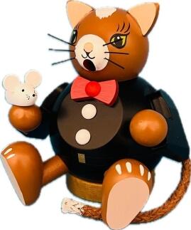 Rauchfigur – liebevolle bunte Katze mit Maus auf Sockel, detailreich gestaltet – HxB = 13 x 6 cm