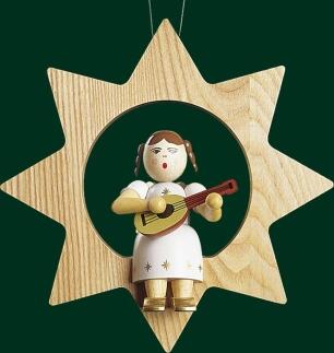 Christbaumschmuck – filigraner Stern mit detailreichem Engel und Mandoline, naturfarben – BxHxT = 9