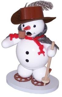 Räuchermann Schneemann mit Schneeschuhen und Stecken, farbenfrohe Holzfigur aus dem Erzgebirge von