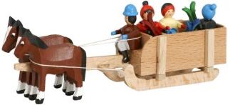 Pferdeschlitten – bunt bemalter Kastenschlitten mit Kutscher & zwei Pferden – handbemalt – L ca.