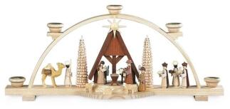Lichterbogen naturbelassener Schwibbogen Christi Geburt mit Krippe und fünf Kerzentüllen aus Holz,