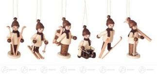 Baumschmuck Behang Winterkinder natur (6) aus Holz mit Skiern, Schlitten und Winterzubehör von