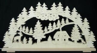 Schwibbogen – detailreiches Waldidyll mit charmantem Haus und Tieren, naturfarben – BxHxT = 70 x 37