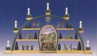 Schwibbogen – Cynsifen mit buntem Hintergrund & Mettenschicht, elektrisch beleuchtet – BxHxT ca.