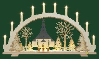 Schwibbogen – detailreiche Seiffener Kirche mit warmer LED-Beleuchtung, naturfarben – BxHxT = 70 x