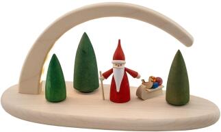 Leuchterbogen Weihnachtswichtel natur mit LED aus Holz, detailreicher Bogen mit Wichtel, Bäumen und