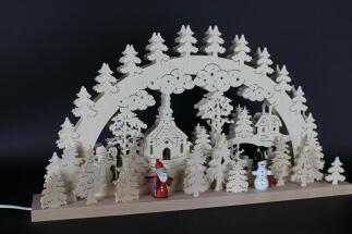 Schwibbogen – detailreiche Seiffener Kirche mit Weihnachtsmann und Schneemann, naturfarben mit