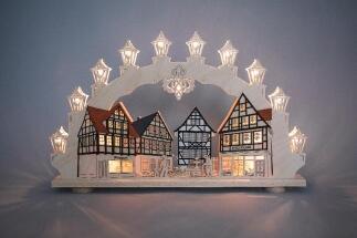 Lichterbogen 15 flg. Altstadt aus Holz mit Fachwerkhäusern und Laternen von Weigla, erzgebirgischer
