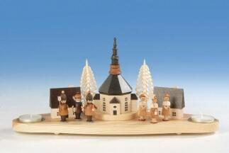 Kerzenständer – detailreiches Dorf mit Kurende, Laternenkindern und Teelichtern, naturfarben – BxHxT