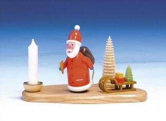 Kerzenhalter bunter Weihnachtsmann mit detailreichem Schlitten aus Holz von Knuth Neuber