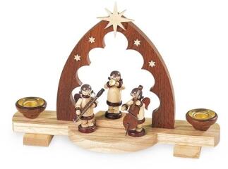 Kerzenhalter – elegantes Engeltrio mit Musikinstrumenten im Spitzbogen, naturfarben – BxHxT = 22 x