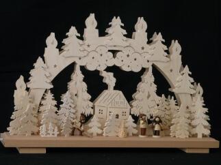 Schwibbogen detailreiche Waldarbeiter mit romantischer Beleuchtung, naturfarben aus Holz von