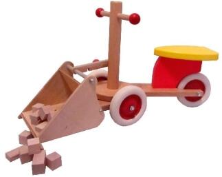 Holzspielzeug - Holzspielzeug – stabiler Rutscher Dumpo mit Baggerschaufel natur/gelb/rot – LxBxH