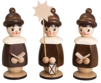 Miniaturfiguren naturfarbene Kurrendefiguren mit Sternträger und zwei Sängern aus Holz, Erzgebirge