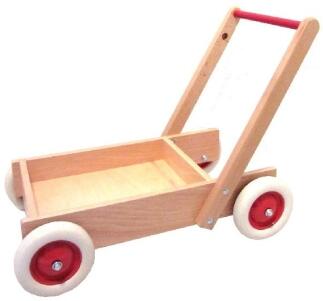 Holzspielzeug Schiebwagen 55 cm aus Holz mit roten Rädern und Griff von Holz Wenzel Holzspielzeug