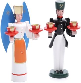 Weihnachtsfiguren – Engel mit blauen Flügeln und traditioneller Bergmann in Uniform – BxHxT 6,5 x 14