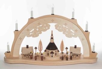 Schwibbogen - naturbelassene Kurrende mit Seiffener Kirche und Häuser elektrisch - HxLxB 40x70x12cm